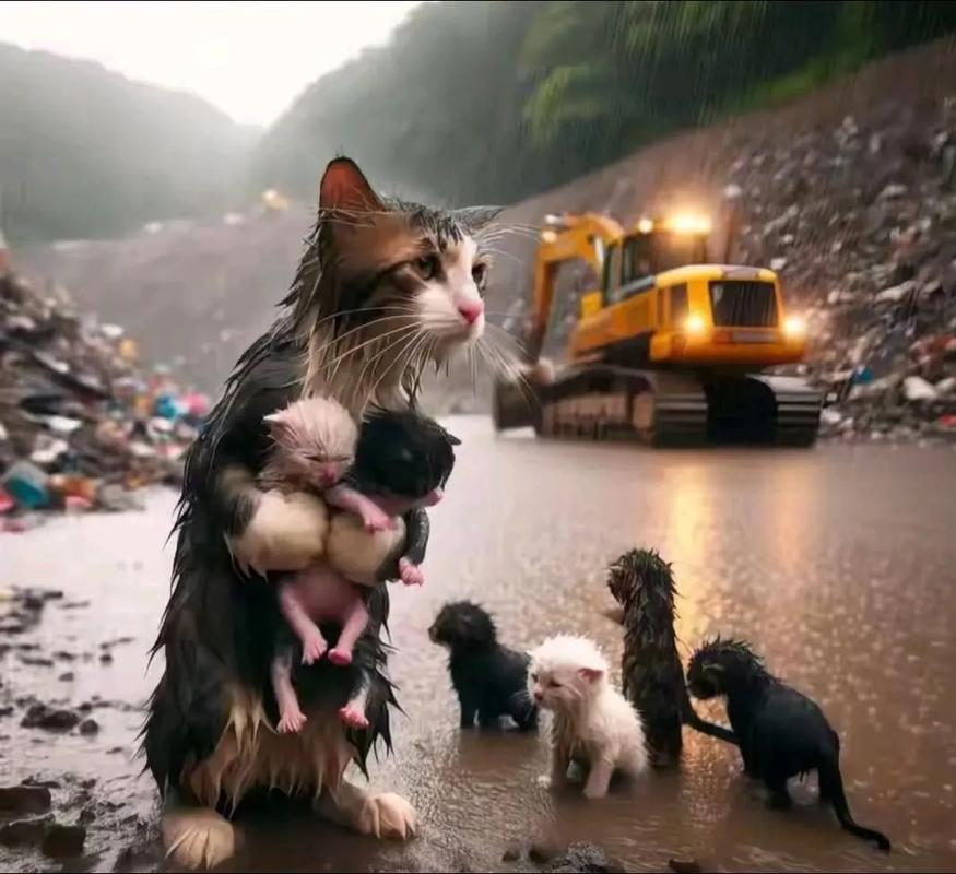 貓咪的妙趣瞬間，雨后漫步，身上沾滿雨水